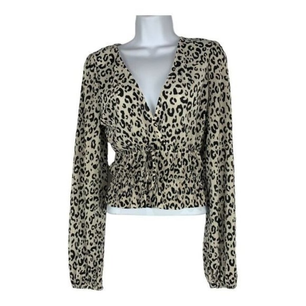 Zara Leopard Print Pleated Long Sleeve Wrap Blouse Size Small